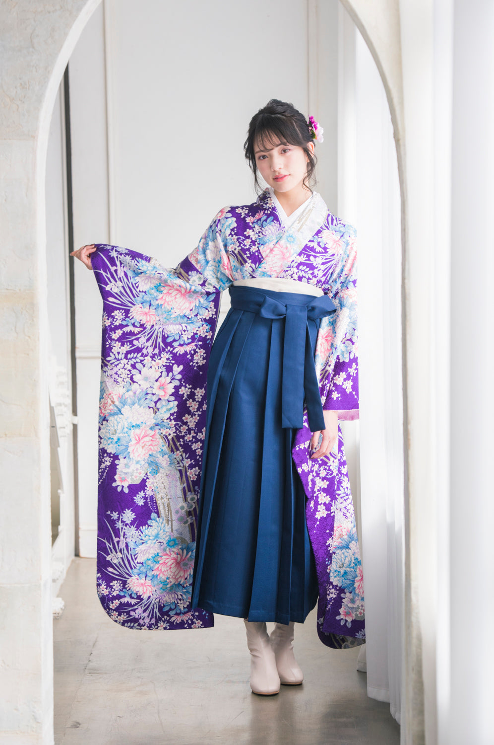 大人用 女性 着物 成人式 卒業式等 袴用 小振袖 片付けよ 赤紫