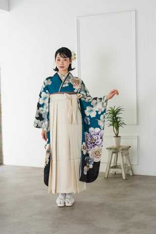 【振袖×袴】エメラルドグリーンフラワー卒業袴